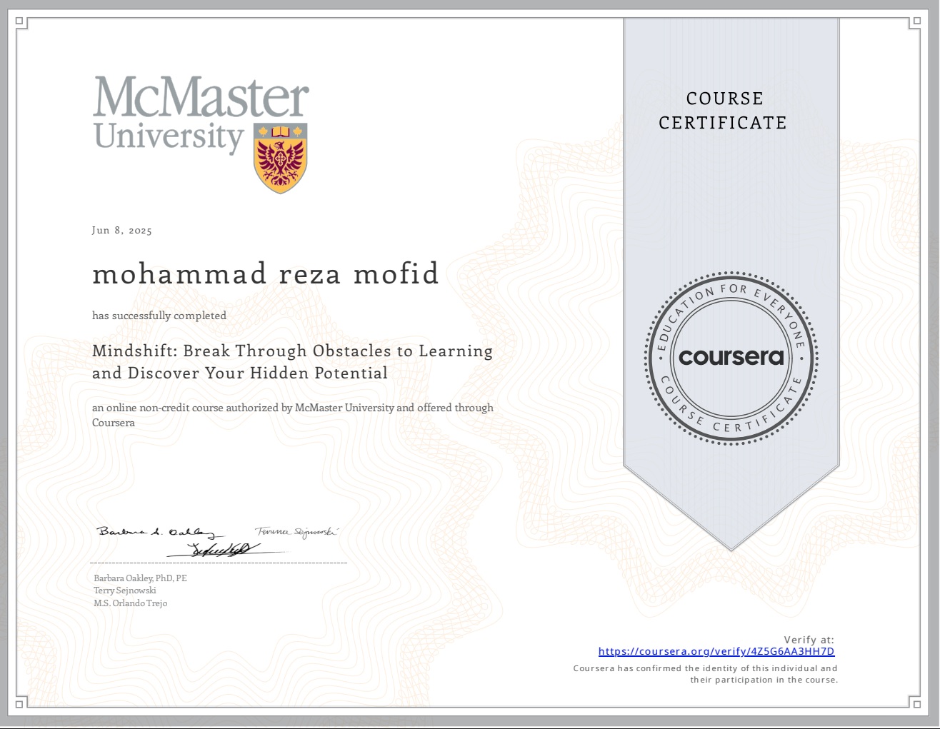 گواهینامه Mindshift McMaster